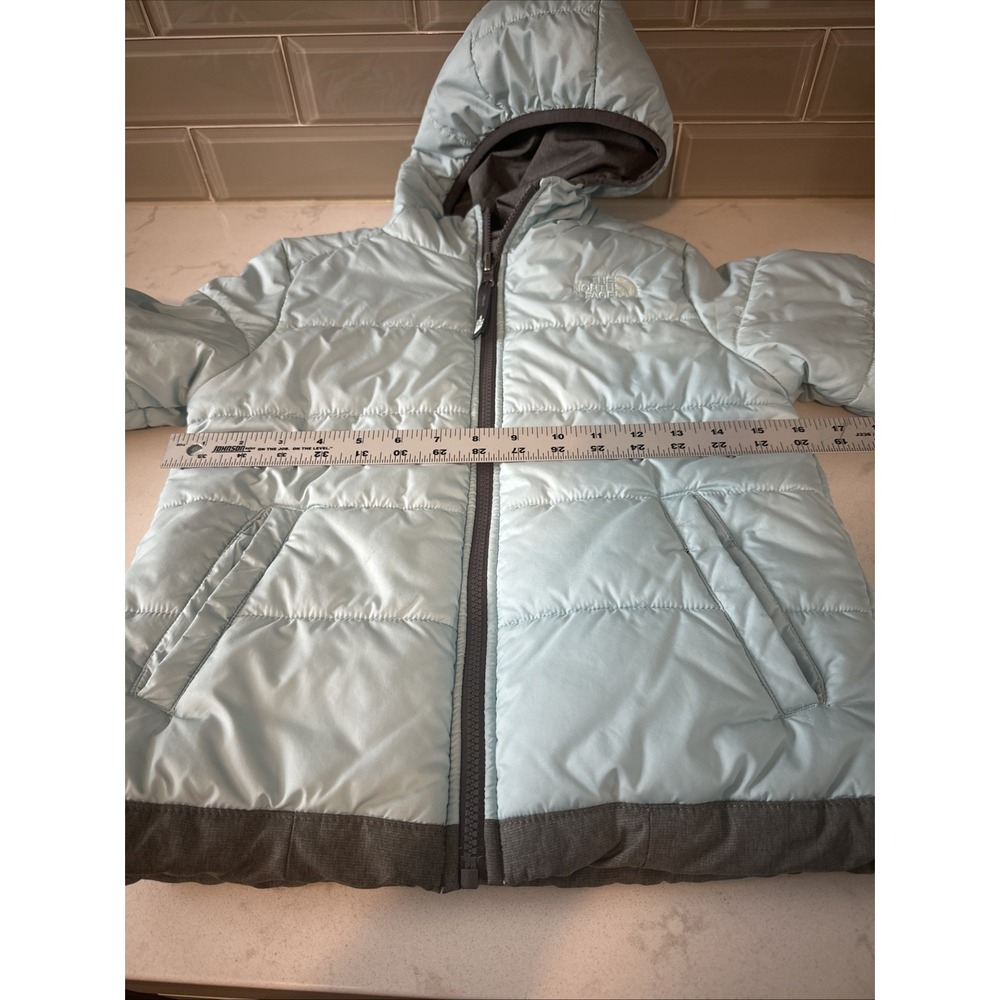 THE NORTH FACE REVERSIBLE PERRITO HOODED GIRLS JACKET Sz Medium 10/12 Grey/Blue - Picture 12 of 16